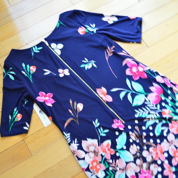 Eliza J Navy Floral Sheath Midi Dress Elbow Sleeve Crew Neck Size 14 NWT - Picture 11 of 13